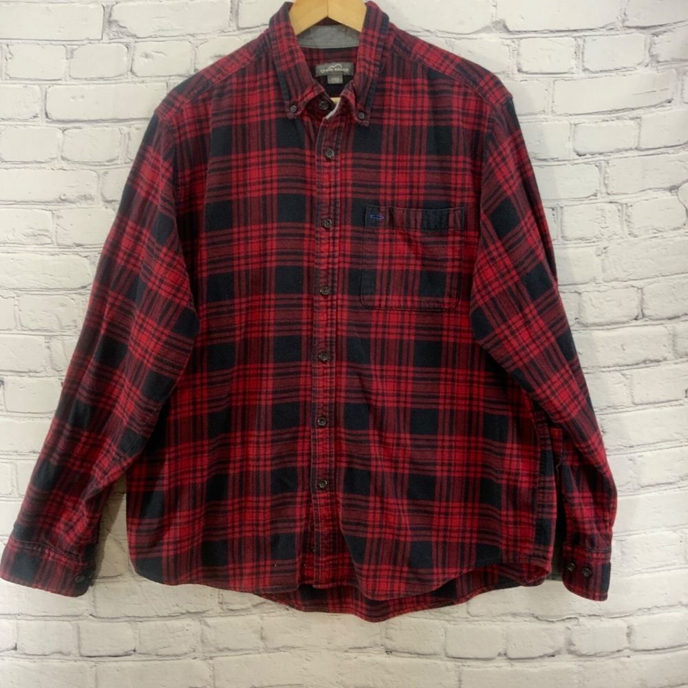 Eddie Bauer Flannel Shirt Red Black Plaid Men Sz XL Long Sleeve